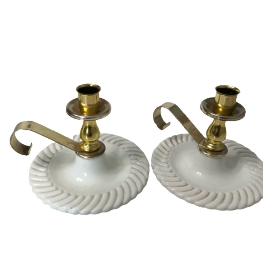 Vintage milk glass brass metal candle holder finger loop swirl.(pair)